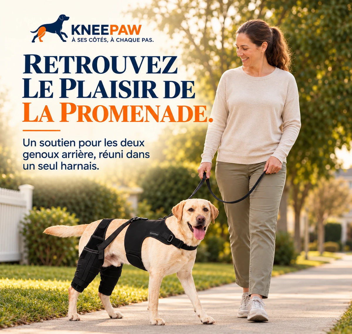 Promenade avec un chien portant la genouillère double Kneepaw