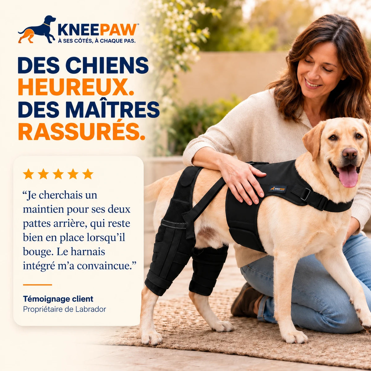 Labrador portant le harnais Kneepaw aux côtés de sa maîtresse