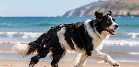 Border collie courant sur la plage avec la genouillère double Kneepaw