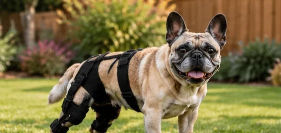 Bouledogue français portant la genouillère double Kneepaw dans un jardin