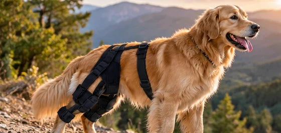 Golden retriever senior portant la genouillère double Kneepaw en randonnée